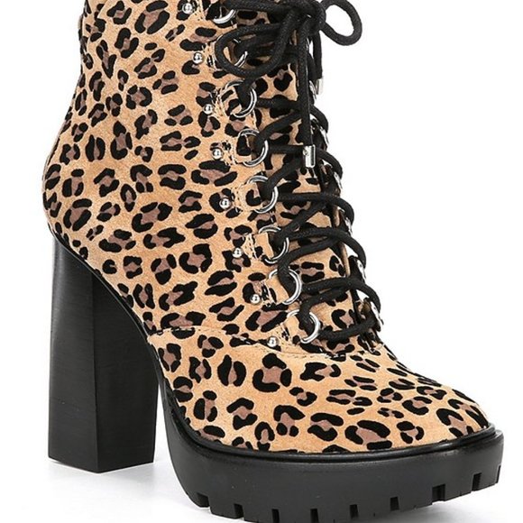 Ambelynn Suede Cheetah Print Heeled Combat Booties - Picture 2 of 6